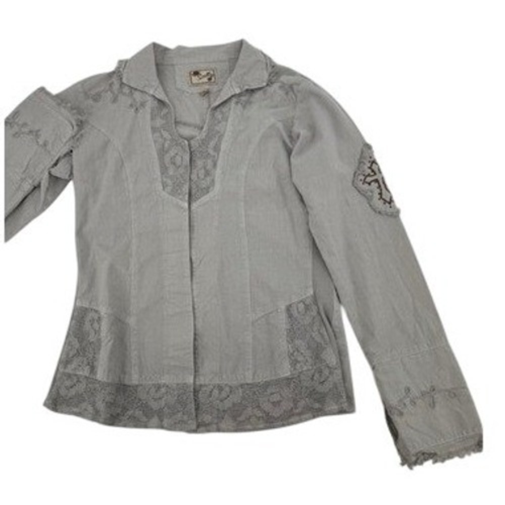 Vintage Scully Embroidered Western Boho Shirt Top Women Small Grey Lace Cross